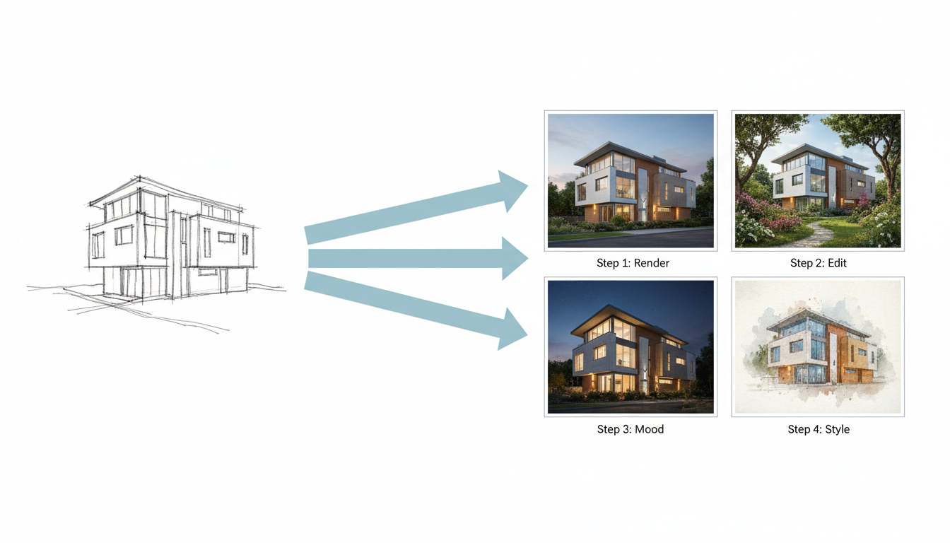 스케치에서 4가지 산출물로 분기되는 워크플로우